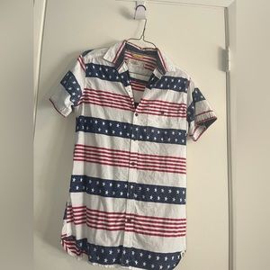 Red, white, and blue American flag button up shirt